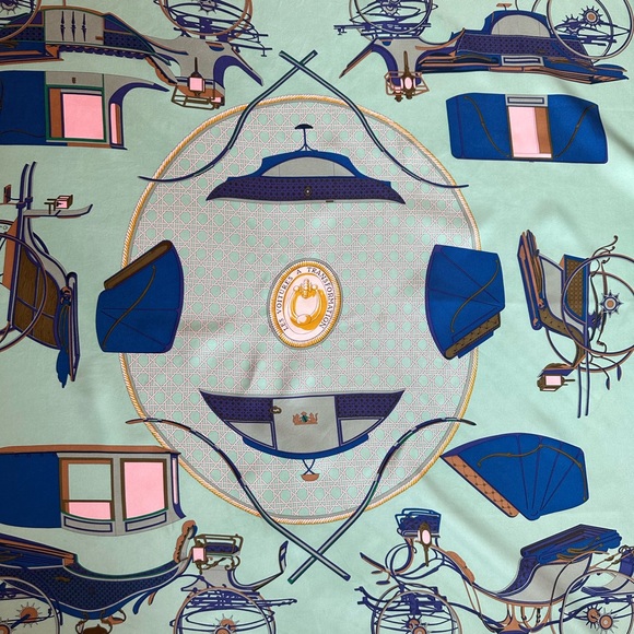SOLD! Gorgeous Hermes La Perriere 100%Silk Scarf 90x90 Light Blue Colors - Picture 3 of 14